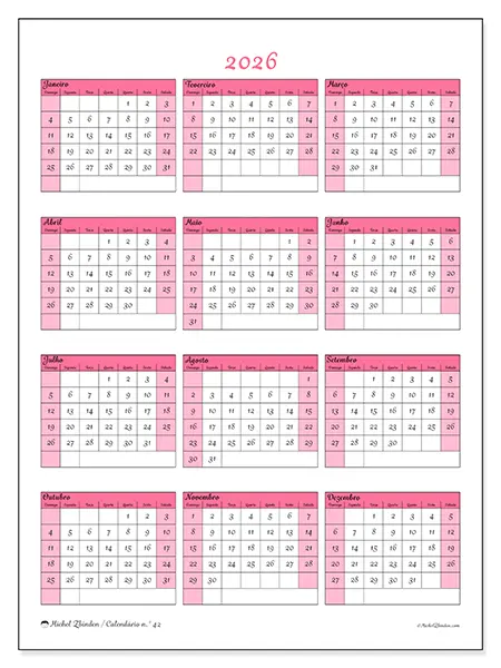 Calendário anual 2026 para imprimir - Doçura e charme - Semana de domingo a sábado
