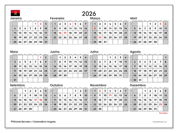 Calendário anual 2026 para imprimir - Angola