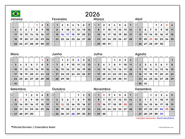 Calendário anual 2026 para imprimir - Brasil
