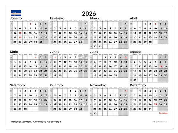Calendário anual 2026 para imprimir - Cabo Verde