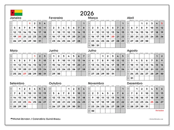 Calendário anual 2026 para imprimir - Guiné-Bissau