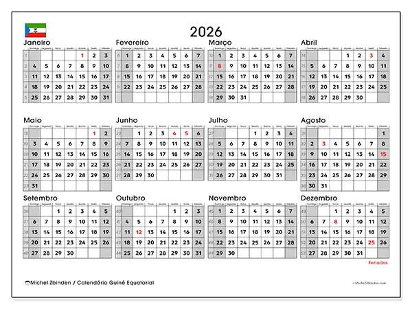 Calendário anual 2026 para imprimir - Guiné Equatorial