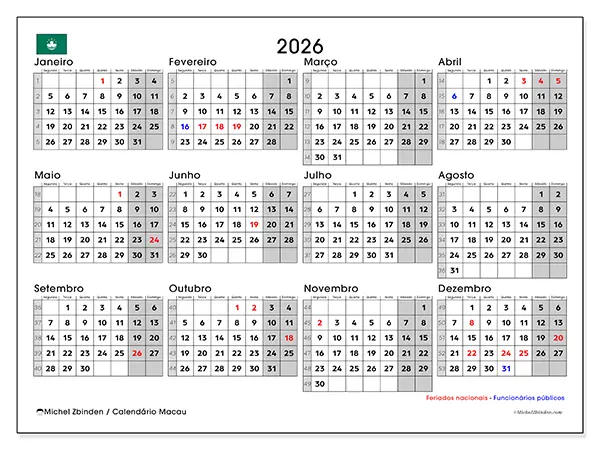 Calendário anual 2026 para imprimir - Macau