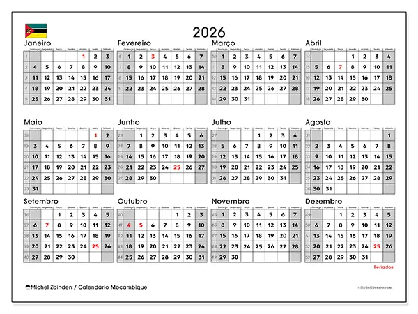 Calendário anual 2026 para imprimir - Moçambique