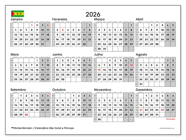 Calendário anual 2026 para imprimir - São Tomé e Príncipe