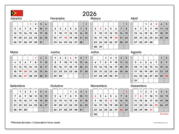 Calendário anual 2026 para imprimir - Timor Leste