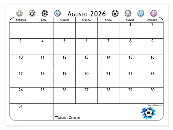 Calendário de agosto de 2026 para imprimir - Paixão pelo futebol