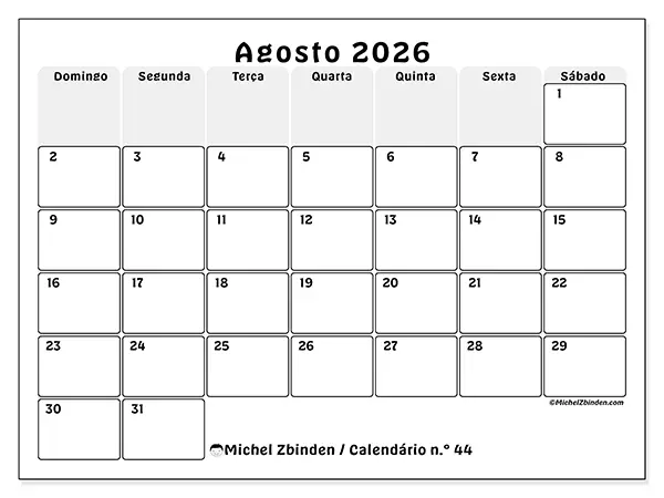 Calendário de agosto de 2026 para imprimir - Planeamento estruturado - Semana de domingo a sábado