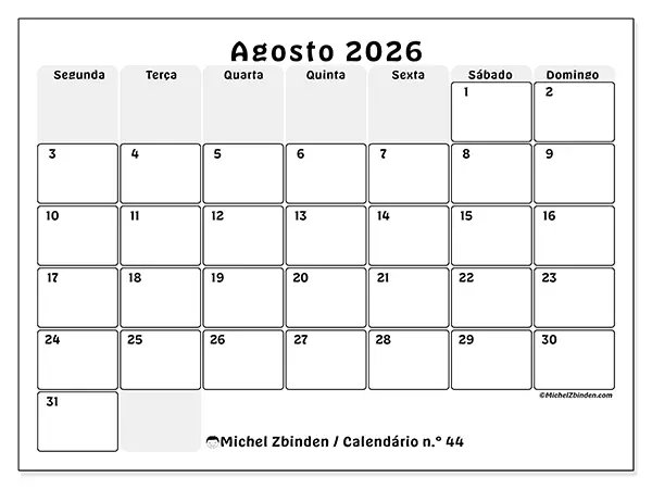 Calendário de agosto de 2026 para imprimir
