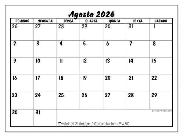 Calendário de agosto de 2026 para imprimir - Organização detalhada - Semana de domingo a sábado