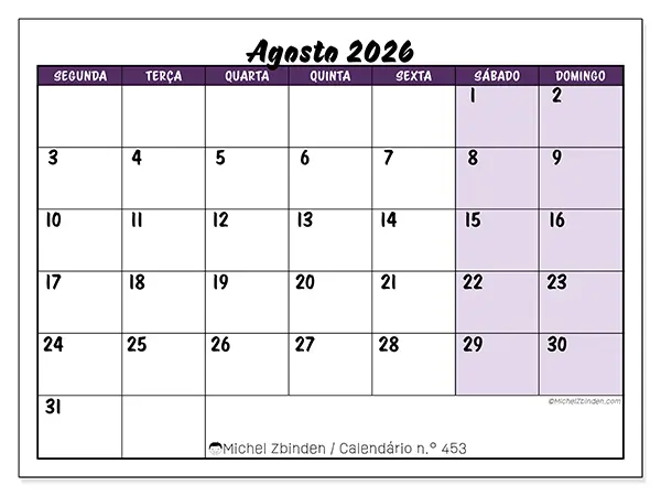 Calendário de agosto de 2026 para imprimir - Eficiência colorida