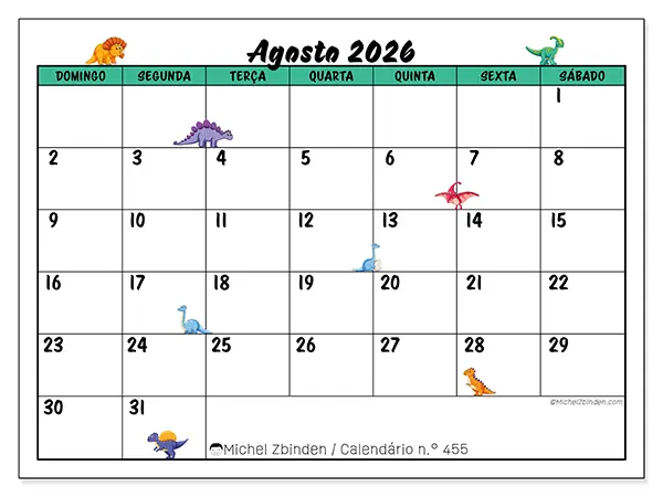 Calendário de agosto de 2026 para imprimir - Pequenos dinossauros - Semana de domingo a sábado