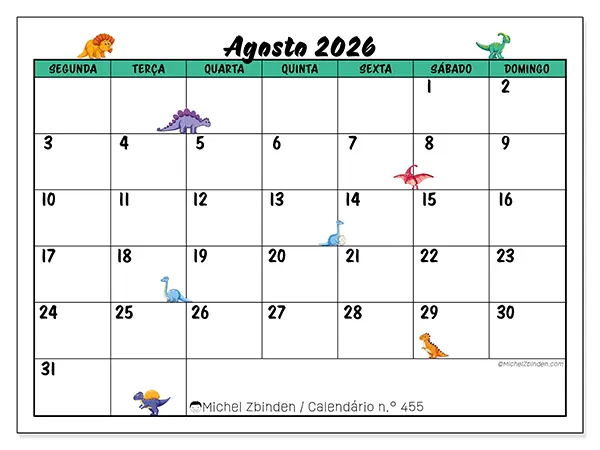 Calendário de agosto de 2026 para imprimir - Pequenos dinossauros