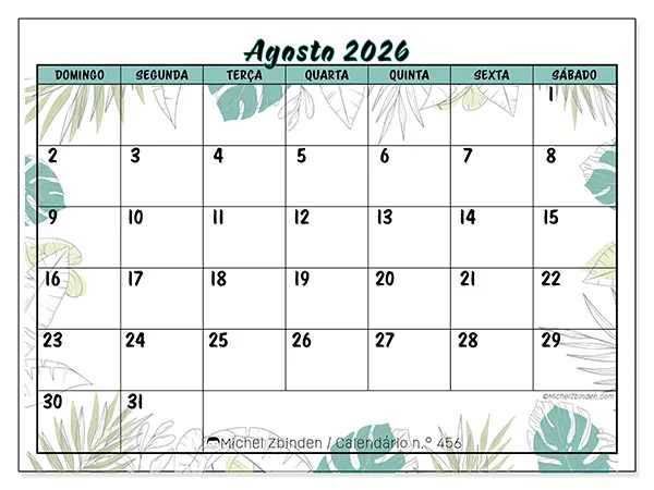 Calendário de agosto de 2026 para imprimir - Natureza e jardim - Semana de domingo a sábado