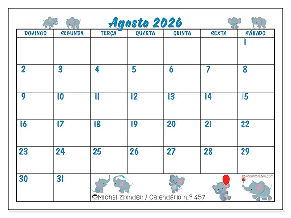 Calendário de agosto de 2026 para imprimir - Pequenos elefantes - Semana de domingo a sábado