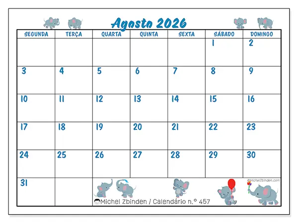 Calendário de agosto de 2026 para imprimir - Pequenos elefantes