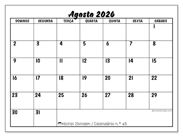 Calendário de agosto de 2026 para imprimir - Sucesso escolar - Semana de domingo a sábado