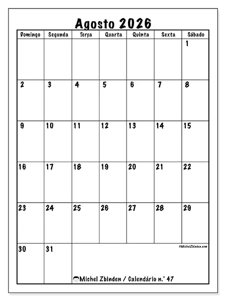 Calendário de agosto de 2026 para imprimir - Planeamento eficiente - Semana de domingo a sábado
