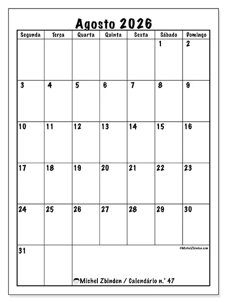 Calendário de agosto de 2026 para imprimir - Planeamento eficiente