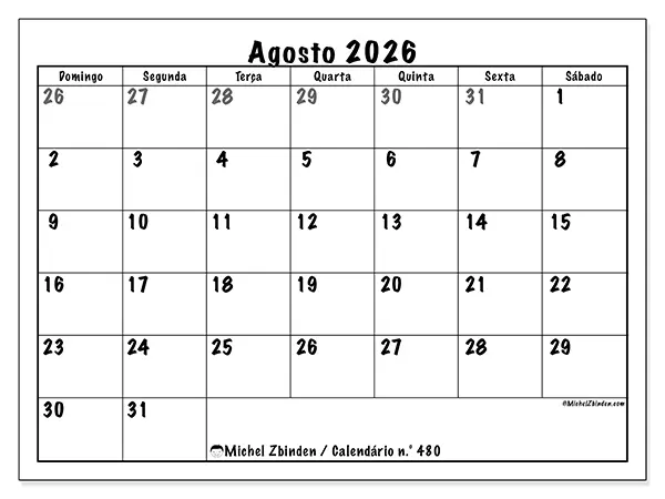 Calendário de agosto de 2026 para imprimir - Planeamento completo - Semana de domingo a sábado