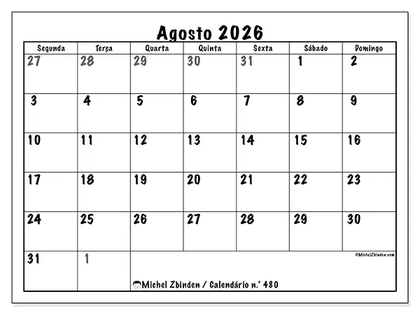 Calendário de agosto de 2026 para imprimir - Planeamento completo