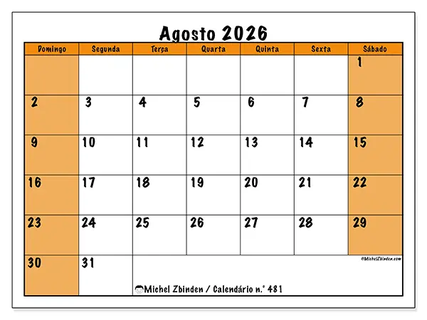 Calendário de agosto de 2026 para imprimir - Planeamento dinâmico - Semana de domingo a sábado