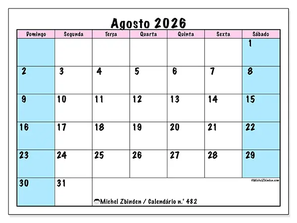 Calendário de agosto de 2026 para imprimir - Horário de equipa - Semana de domingo a sábado