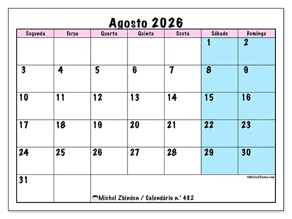 Calendário de agosto de 2026 para imprimir - Horário de equipa
