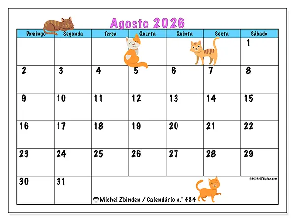 Calendário de agosto de 2026 para imprimir - Amor pelos gatos - Semana de domingo a sábado