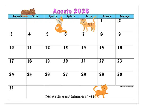 Calendário de agosto de 2026 para imprimir - Amor pelos gatos