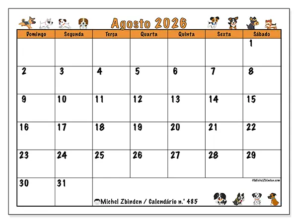 Calendário de agosto de 2026 para imprimir - Cães entusiasmados - Semana de domingo a sábado
