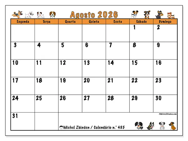 Calendário de agosto de 2026 para imprimir - Cães entusiasmados