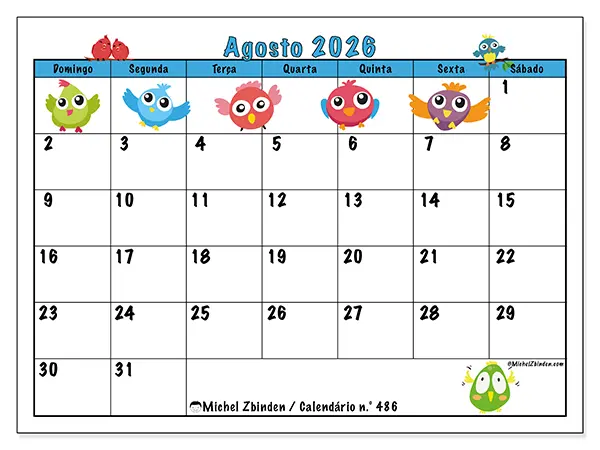 Calendário de agosto de 2026 para imprimir - Pássaros divertidos - Semana de domingo a sábado