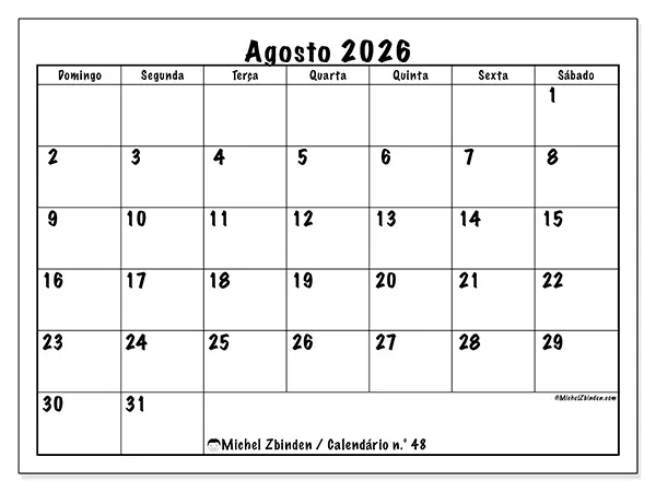 Calendário de agosto de 2026 para imprimir - Eficiência diária - Semana de domingo a sábado