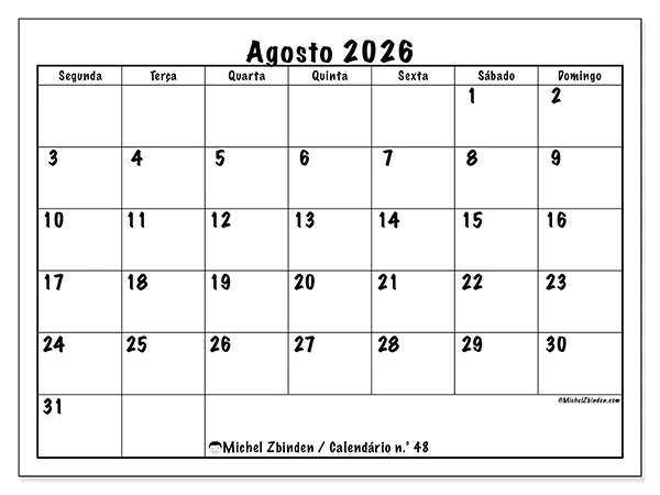 Calendário de agosto de 2026 para imprimir - Eficiência diária
