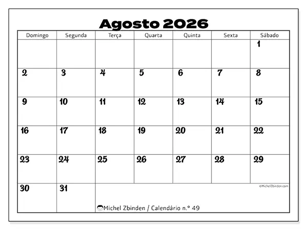 Calendário de agosto de 2026 para imprimir - Coordenação produtiva - Semana de domingo a sábado