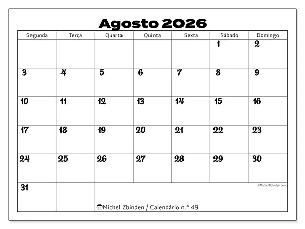 Calendário de agosto de 2026 para imprimir - Coordenação produtiva