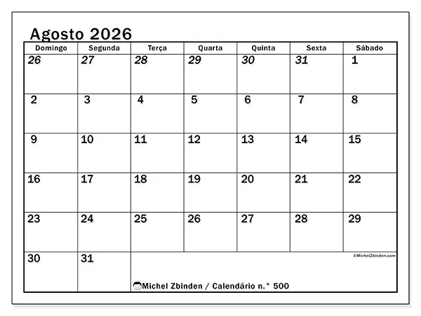 Calendário de agosto de 2026 para imprimir - Planeamento intensivo - Semana de domingo a sábado
