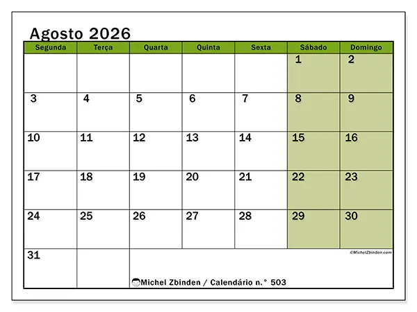 Calendário de agosto de 2026 para imprimir - Organização viva