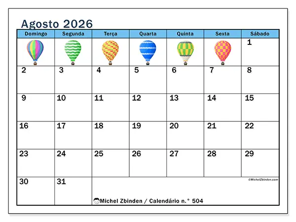 Calendário de agosto de 2026 para imprimir - Balões de ar quente - Semana de domingo a sábado