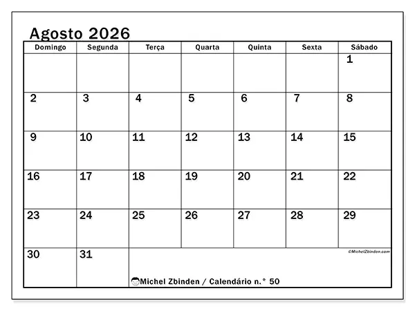 Calendário de agosto de 2026 para imprimir - Planeamento ideal - Semana de domingo a sábado