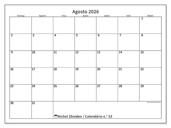 Calendário de agosto de 2026 para imprimir - Horário eficiente - Semana de domingo a sábado
