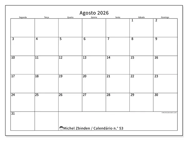 Calendário de agosto de 2026 para imprimir - Horário eficiente