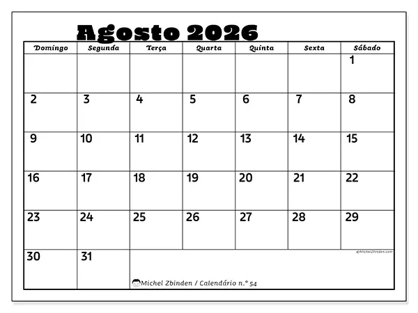 Calendário de agosto de 2026 para imprimir - Atividades em família - Semana de domingo a sábado