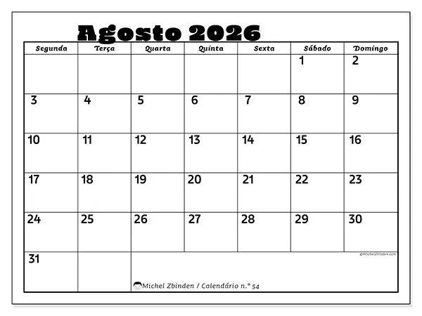Calendário de agosto de 2026 para imprimir - Atividades em família