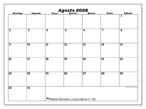 Calendário de agosto de 2026 para imprimir - Organização do lazer - Semana de domingo a sábado