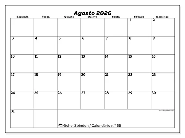 Calendário de agosto de 2026 para imprimir - Organização do lazer