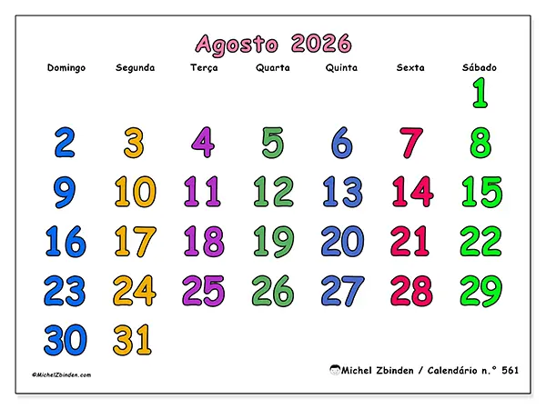 Calendário de agosto de 2026 para imprimir - Momentos criativos - Semana de domingo a sábado