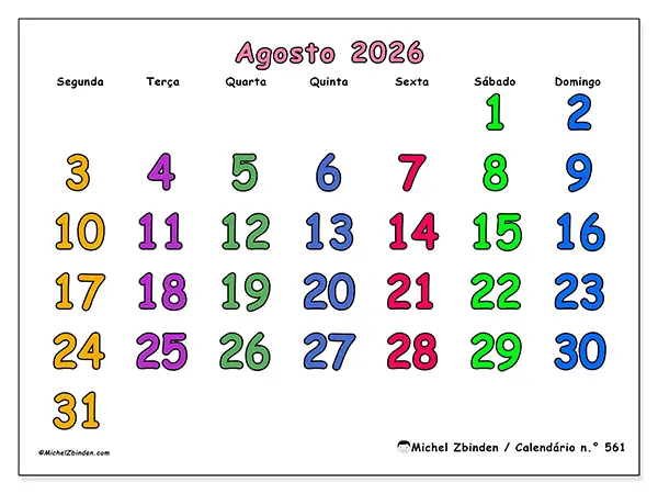 Calendário de agosto de 2026 para imprimir - Momentos criativos