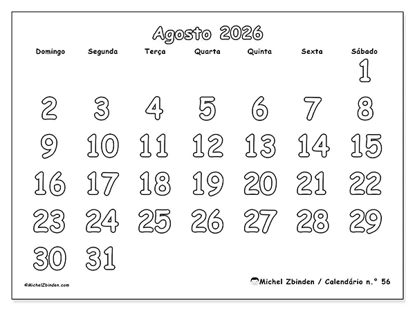 Calendário de agosto de 2026 para imprimir - Colorir útil - Semana de domingo a sábado